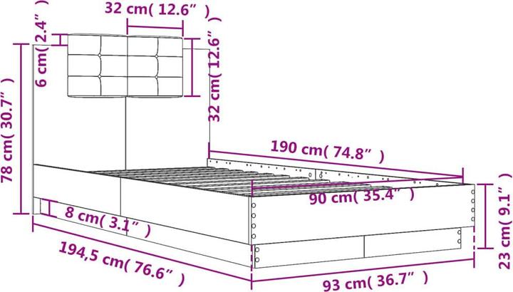 Produktbild VidaXL Bettgestell mit Kopfteil Betongrau (90 x 190 cm)