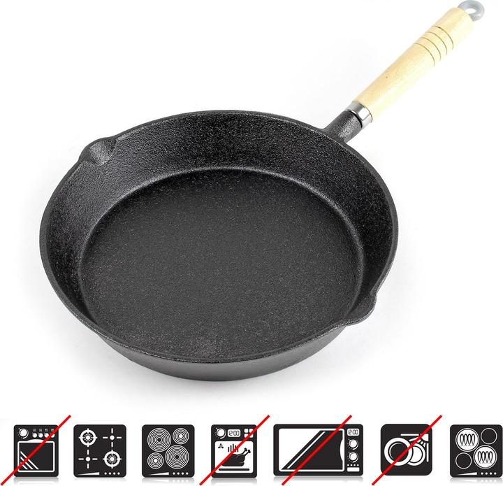 Produktbild Wiltec Bratpfanne Gusseisen Ø25cm Holzgriff Feuerpfanne Grillpfanne Steakpfanne (25 cm, Bratpfanne, Gusseisen)