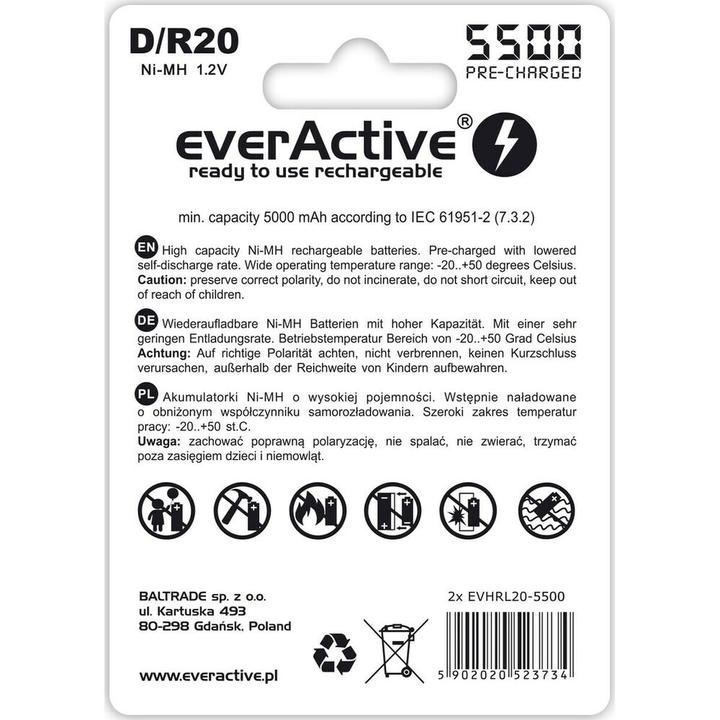 Produktbild Everactive Rechargeable batteries R20/D Ni-MH 5500 mAh ready to use - Batterie - Mono (D) (2 Stk., D, 5500 mAh)