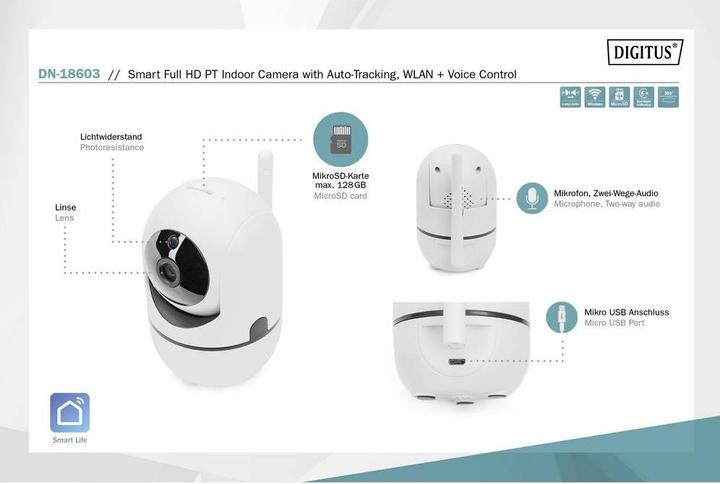 Actual product image Digitus Smart Full HD PT Indoor Camera with Auto-Tracking, WLAN + Voice Control (1920 x 1080 Pixels)