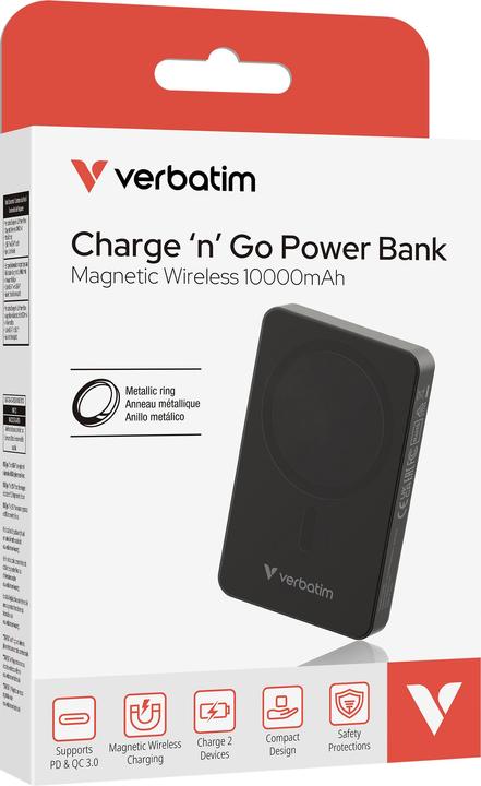 Produktbild Verbatim Charge 'n' Go Essentials Power Bank Magnetic Wireless 10000mAh Black (10000 mAh, 20 W, 37 Wh)