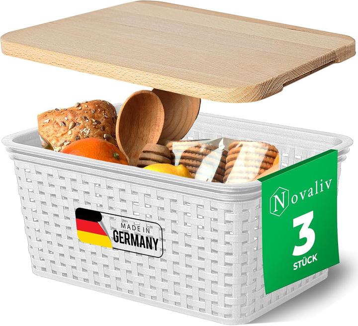 Produktbild Novaliv 3er Set Aufbewahrungsbox mit Holzdeckel Küche 5L Weiss Kunststoff Rattan-Optik Küche Aufbewah (5 l)