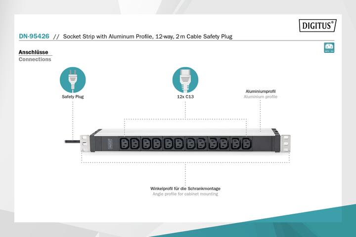 Produktbild Digitus 1U Aluminum PDU rackmountable 12xC13 16A 230VAC 50/60Hz Safety plug