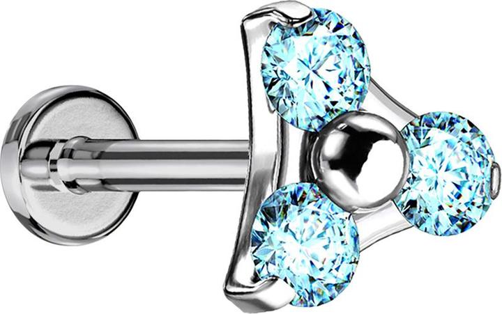 Star Piercing Micro Threadless Labret silber Dreieck drei Kristalle aqua (ohne Messing, Titan G23)