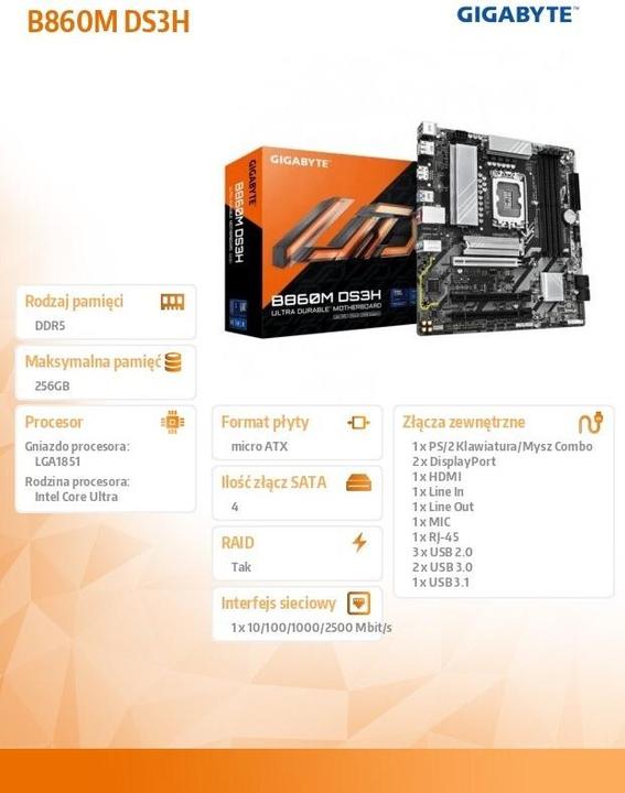 Produktbild Gigabyte MB GBT Intel 1851 B860M DS3H (LGA 1851, Intel B860, mATX)