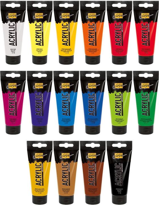 Produktbild Kreul Solo Goya (Gelbgrün, Primärblau, Ultramarinblau, Zitron, Echtorange, Permanentgrün, Goldocker, Dunkelbraun, zinnoberrot, Magenta, Kadmiumgelb, Schwarz, Lichter Ocker, Weiss, Violett, 320 ml)