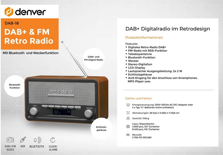 Productafbeelding Denver DAB-18 (DAB+, FM, Bluetooth)
