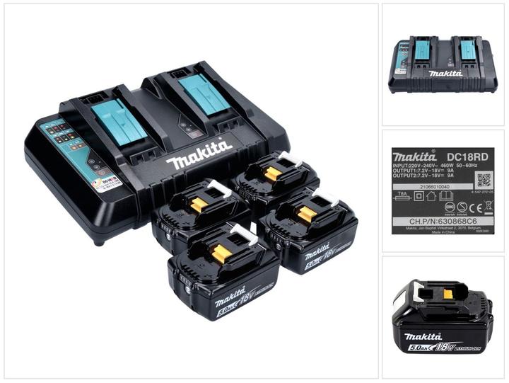 1 DC18RD dual quick charger, 4x BL1850B 5.0 Ah batteries
