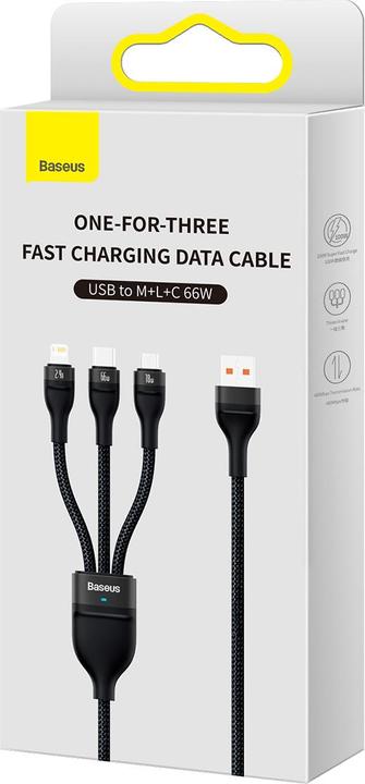 Actual product image Baseus Flash Series Ⅱ One-for-three Fast Charging Data Cable USB to M+L+C 66W 1.2m Black (1.20 m, USB 2.0, 66 W)