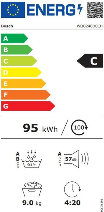 Label énergétique Bosch Hausgeräte WQB246D0CH (9 kg, Droite, Fiche CH)