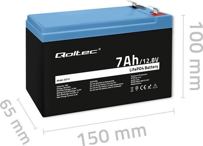 Produktbild Qoltec LiFePO4 Lithium-Eisenphosphat-Batterie | 12 8 V | 7Ah | 89 6 Wh | BMS (12.80 V, 7 Ah)