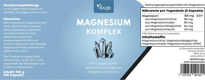 Nutritional values and ingredients VeLife Magnesium complex (120 Piece, Capsules, 105 g)