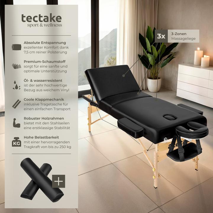 Actual product image tectake 3-zone massage table set Somwang with 7.5cm padding, castors and wooden frame