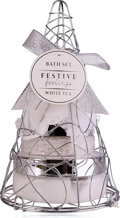 Immagine prodotto Accentra Set regalo FESTIVE FEELINGS in cestino di filo metallico a forma di piramide, fragranza: Tè Bianco (Set per la cura del corpo)