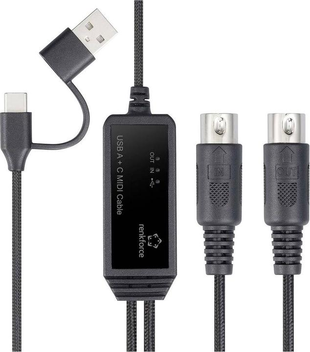 Produktbild Renkforce RF-6439636 USB, MIDI Adapter (2x DIN-Stecker 5pol. - 1x USB-C®, USB-A) (USB-A, USB Typ-C, 200 cm)