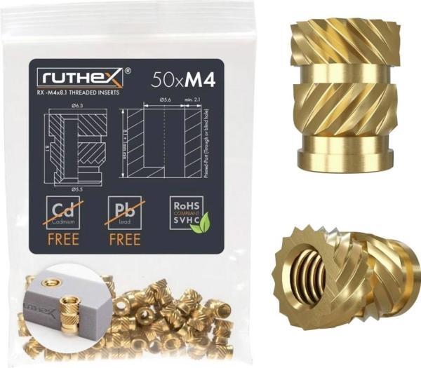 Produktbild Ruthex M4 Gewindeeinsatz - 50 Stück RX- M4x8.1 Gewindebuchsen aus Messing