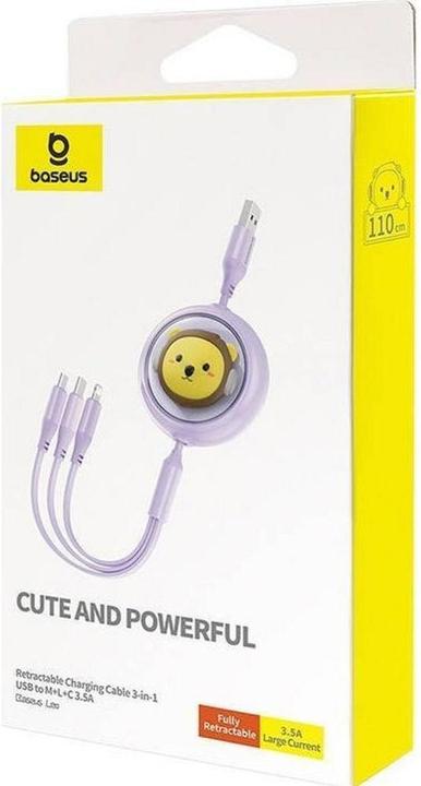Actual product image Baseus Charging Cable 3w1 USB to USB-C, USB-M, Lightning 3.5A, 1.1m (purple) (1.10 m, USB 3.2 Gen 2x2, 100 W)