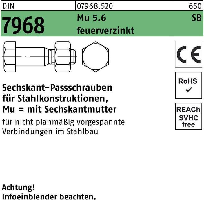 Hexagon fit bolt DIN 7968 CE w.nut M 12 x 50 5.6 hot-dip galvanised (100 Screws per piece)