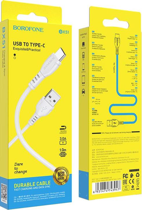 Produktbild Borofone USB-A to USB-C BX51 Triumph MP, 18W, 2A, 1m, weiss (1 m, 18 W)