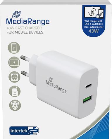 Actual product image MediaRange 43W socket charger with USB-A and USB-C, white (43 W)