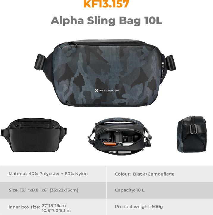 Produktbild K&F Concept Sling Bag 10L Urban Wander 01 (Black+Camouflage) (Kamera Schultertasche, 10 l)