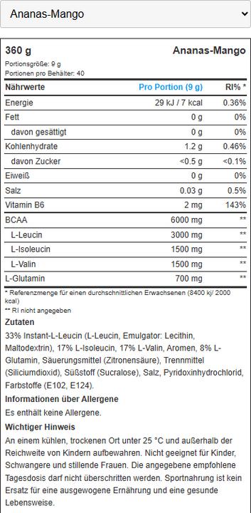 Nutritional values and ingredients Biotech USA BCAA Zero (1 Piece, Powder, 360 g)