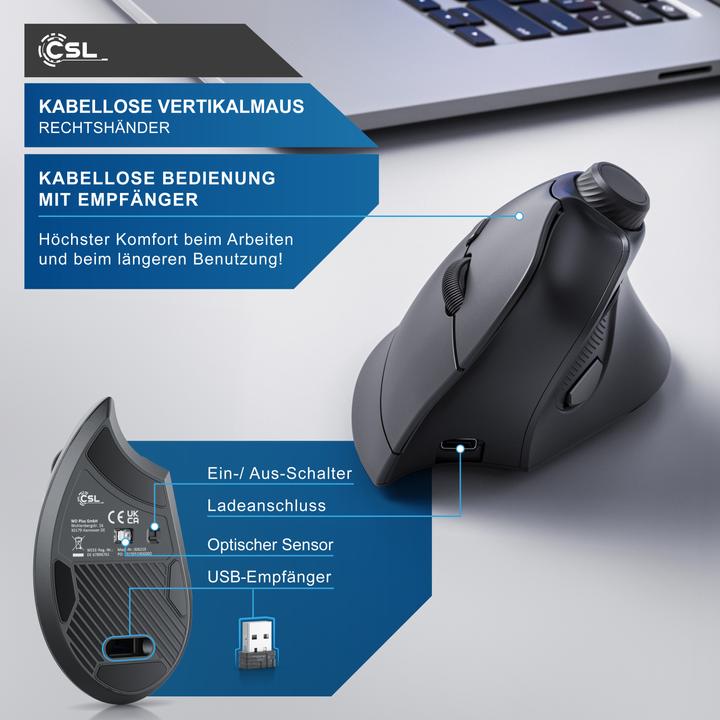 Produktbild CSL Kabellose Vertikalmaus, 2,4 GHz Funk, 250dpi, ergonomische Wireless Maus, ggegen Mausarm / Tennisarm (Kabellos)