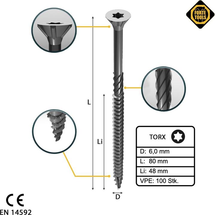 Immagine prodotto Forte tools TRUCIOLATO SCR T30 6,0X80/48 BIANCO ZN(100 (100 Viti per pezzo)