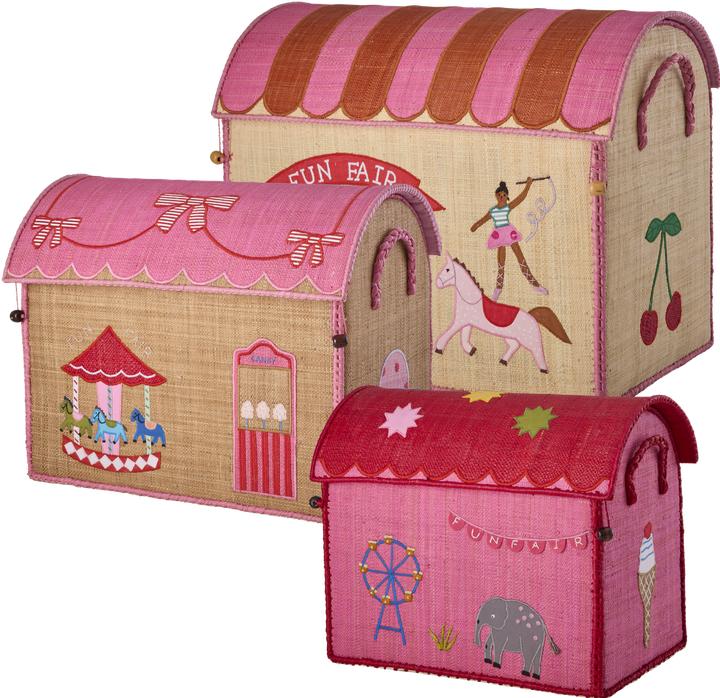 Produktbild Rice - Raffia Toy Baskets with Fun Fair Theme - Pink - Set of 3