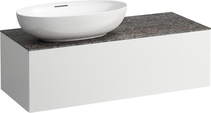 Actual product image Laufen Il Bagno Alessi drawer element, 1 tap hole, stone top Marrone Naturale, cutout left, 120x50x3