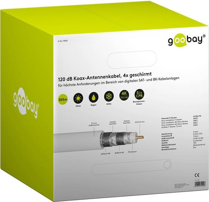 Immagine prodotto Goobay 120 dB cavo coassiale per antenna, 4x schermato, CCS, 305 m, Bianco, 305 m (120 dB, Cavi antenna)