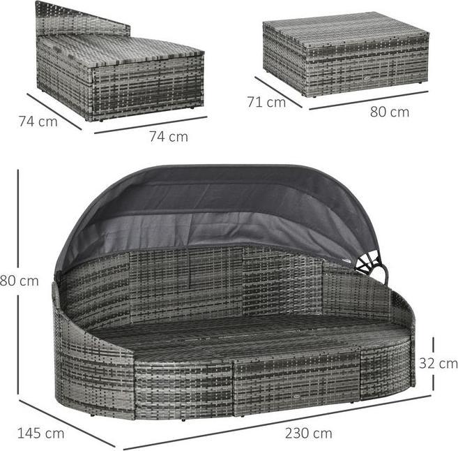 Produktbild Swisshandel24 Rattan Sonneninsel 4-teilige Liegeinsel mit Sonnendach Sitzgruppe 4 Kissen Metall Grau 230 x 145 x 8
