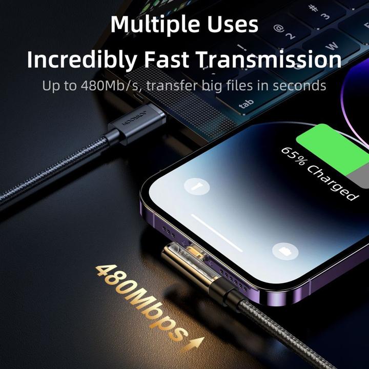 Actual product image Joyroom S-UL012A6 2.4A USB-A to Lightning Right Angle Fast Charging Data Cable 1.2m-Blue (1.20 m, USB 3.2 Gen 1)