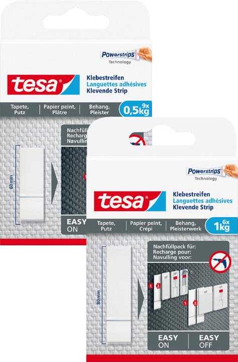 Produktbild tesa Powerstrips für Tapete & Putz, 1kg Halteleistung, 6x doppelseitige Klebestreifen