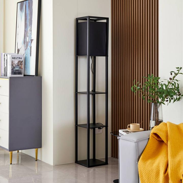 Image du produit Lindby Birta Lampadaire avec étagère, bois, noir (E27)