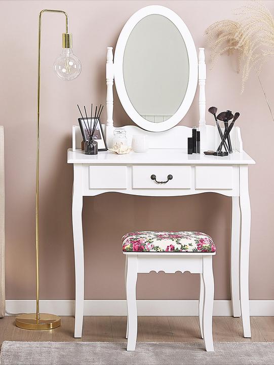Produktbild Beliani Schminktisch mit ovalem Spiegel Hocker 1 Schublade weiss SOLEIL (39 x 30 x 47 cm)