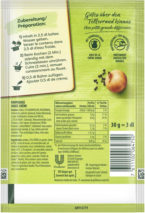 Nährwerte und Zutaten Knorr Rahm Sauce Beutel, feine Rahmsauce für Fleisch, Gemüse oder Pasta, einfach & schnell zubereitet (30 g)