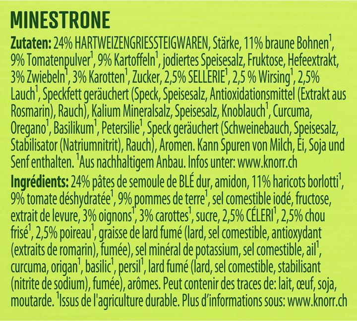Nutritional values and ingredients Knorr Minestrone soup bag, soup classic from Italy with vegetables & fine beans, ready meal