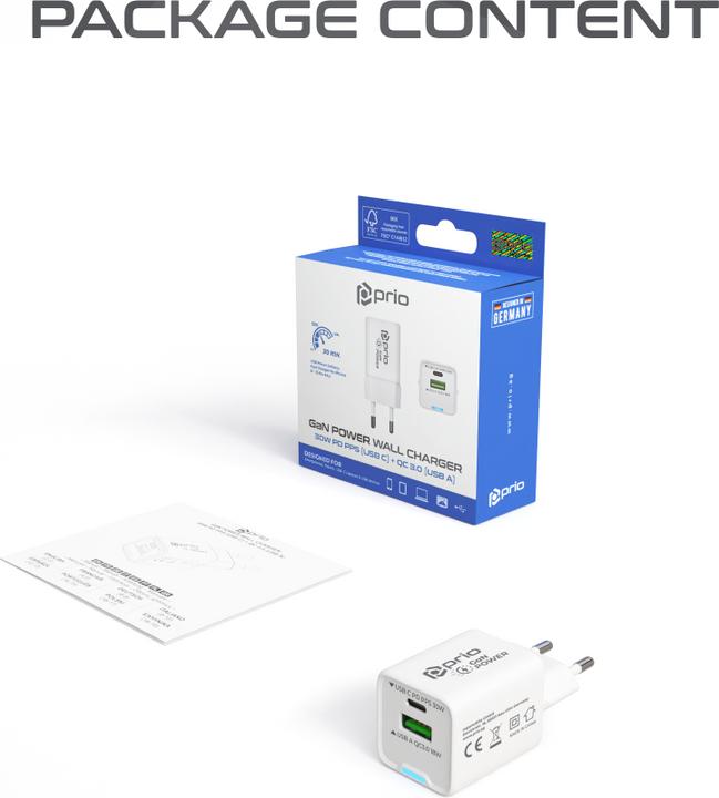 Produktbild prio Wandladegerät GaN Power 30W PD PPS (USB C) + QC 3.0 (USB A) weiss (30 W)