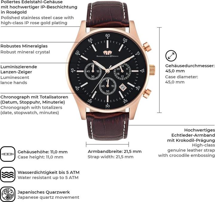 Immagine prodotto Cronografo da uomo Goodwill in vera pelle marrone scuro - 4410 (Cronografo, 45 mm)