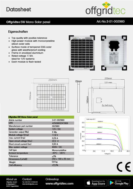 Actual product image Offgridtec ® 5W Mono 12V Solar Panel (5 W, 0.60 kg)
