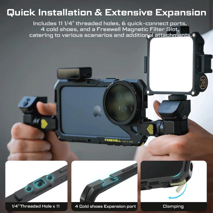 Produktbild Freewell iPhone 16 Pro Genius Rig iPhone 16 Pro Genius Rig Cage, Tripod and Monopod Handles, Bluetooth Remote