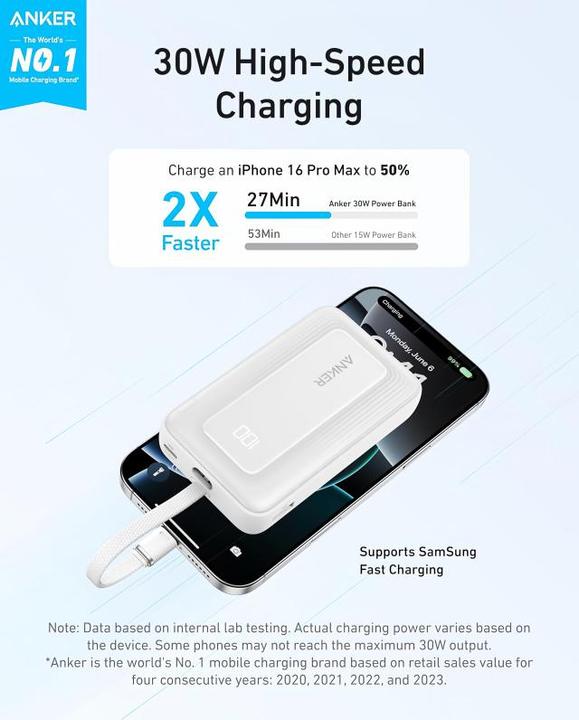 Produktbild Anker Power bank Power Bank, Built-In USB-C Cable, 30W | A1688H21 | 10000 mAh | White (10000 mAh, 30 W)