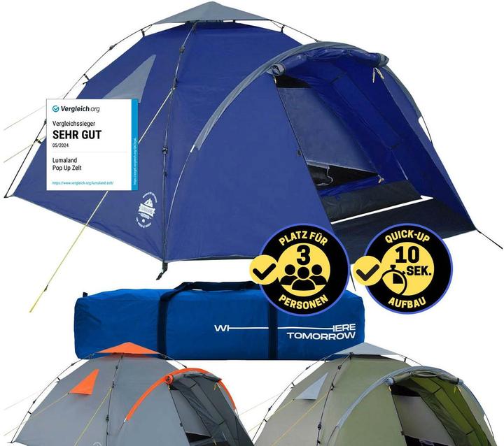 Produktbild Where Tomorrow Drei Personenzelt Pop-Up - Blau, Anzahl Personen: 3 (3.10 kg, 3 Personen)