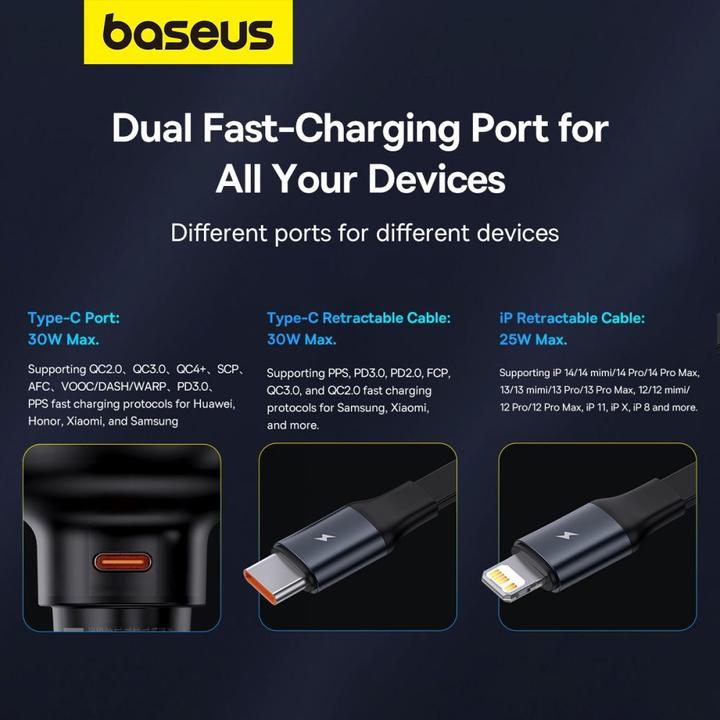 Produktbild Baseus Car Charger Enjoyment USB-C with USB-C cable and Lightning  60W