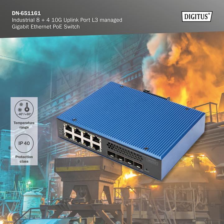 Actual product image Digitus Industrial 8 + 4 10G Uplink Port L3 managed Gigabit Ethernet PoE Switch (12 Ports)