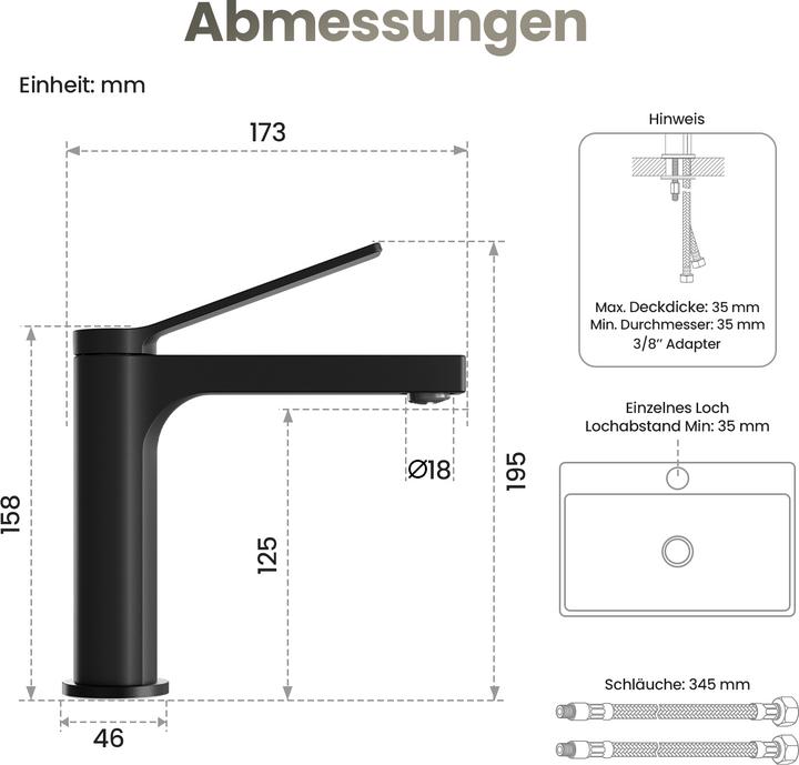 Produktbild Emke Wasserhahn Bad, Schwarz matt, Keramikkartusche, Messing, Waschtischarmatur, einfache Installation, M