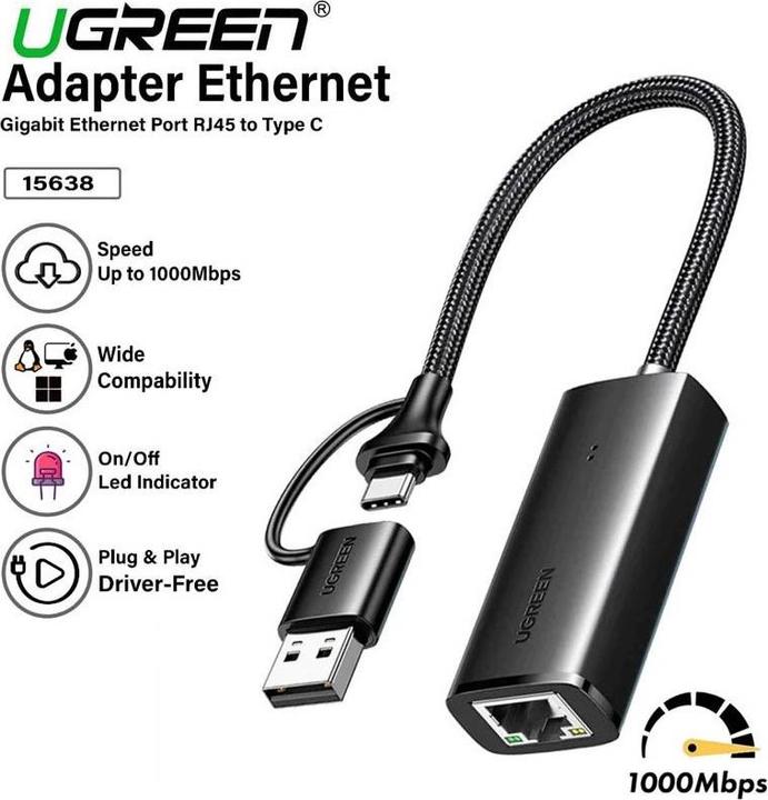 Actual product image Ugreen 15638 USB-C/USB-A Αντάπτορας Δικτύου για Ενσύρματη σύνδεση Ethernet