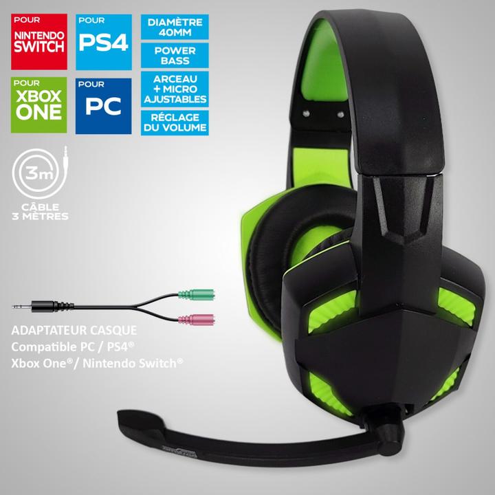 Actual product image Amstrad Gaming Headset 40mm Power Bass Black / Green (Cable)