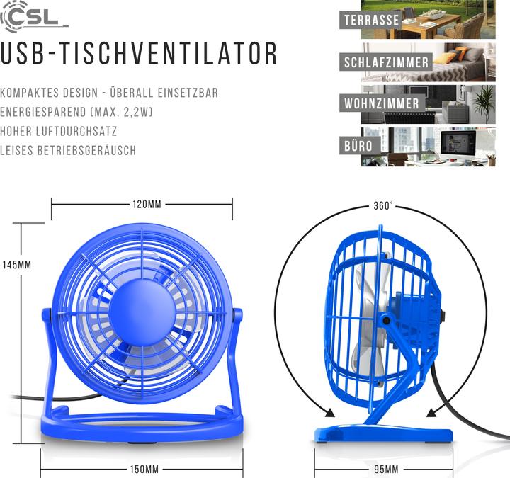 Produktbild CSL Mini USB Ventilator, Tischventilator neigbar, An/Aus-Schalter, optimal für den Schreibtisch, blau